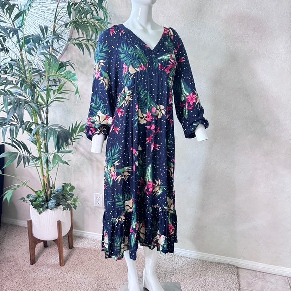 Suzanne Betro Navy Blue Floral Midi Dress Sz L - Picture 1 of 10